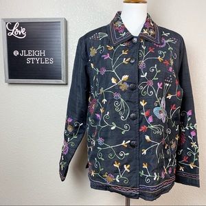 Vintage Butterfly and Flower Embroidered Beaded Black Silk Jacket Med